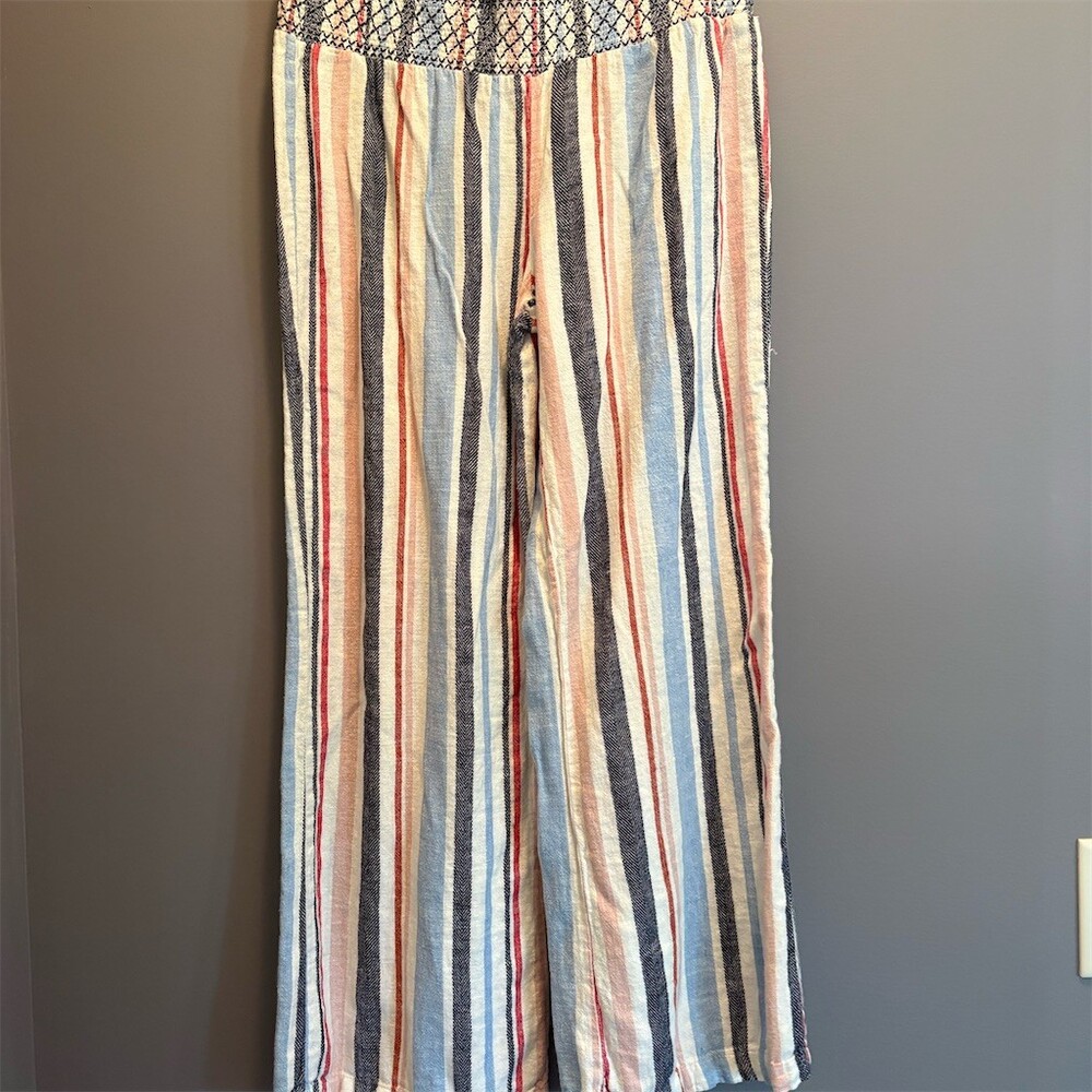 Wide Leg Striped Pants in Blue, Cream & Red